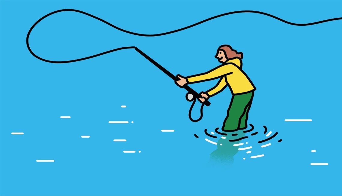 Drop a line for fly-fishing Illustration of someone standing in water fishing