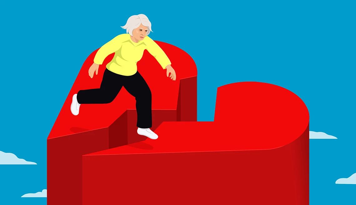 Ending a Long-Term Relationship A graphic illustration shows an older adult woman trying to traverse a giant broken heart among clouds in a blue sky