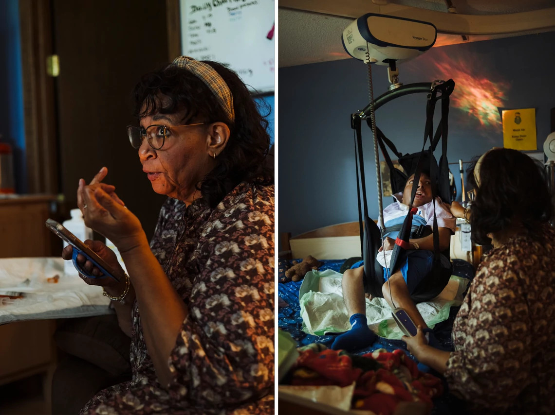 a mother is talking with her sons nurse