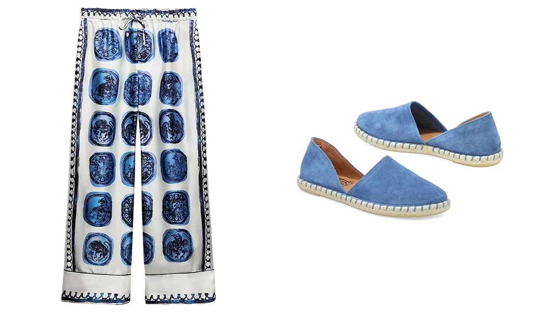 A white shirt with print pants and espadrilles Zara ZW Collection Printed Pants; Miz Mooz Carmena Flat in Ocean