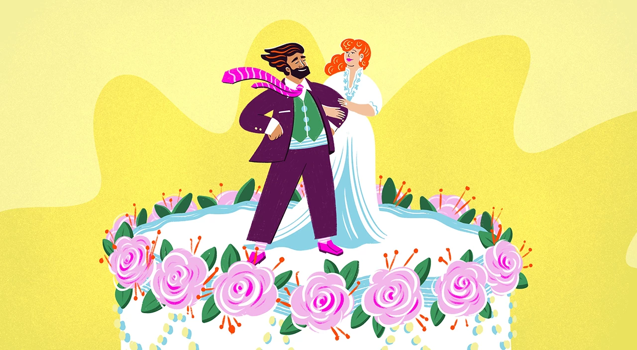 illustration of wedding cake topper couple, woman admiring her husband