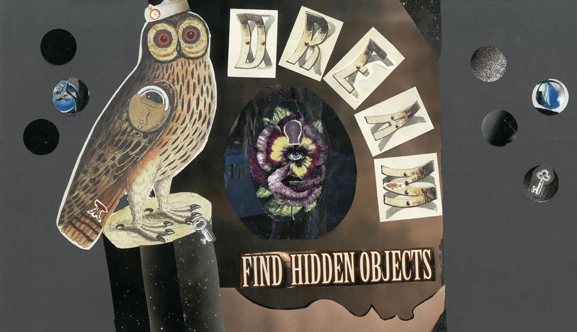 A collage shows nine images inspired by Melina Bellows’ breathwork experience, including an owl