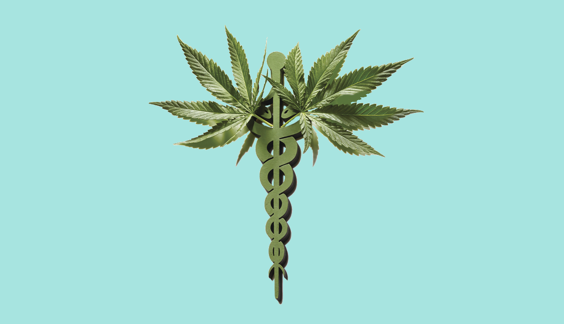 a cannabis plant with the medical symbol of two snakes intertwined