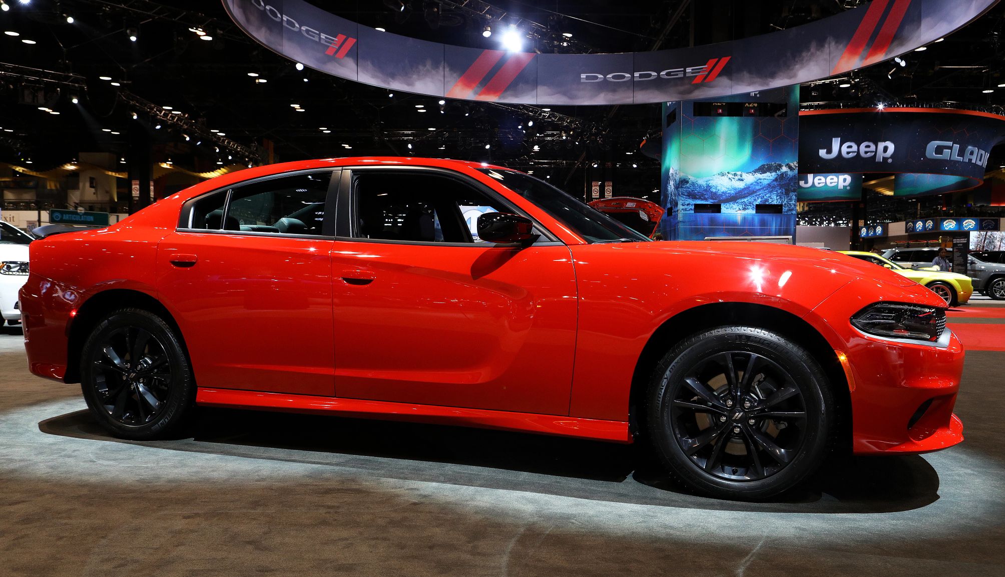 A Dodge Charger on display at a Chicago auto show