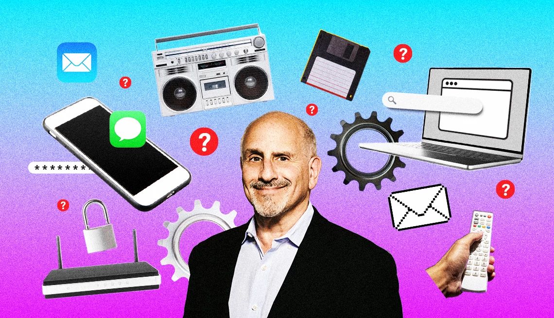 Tech Guru Lessons AARP Columnist Edward C. Baig in an illustration with tech devices