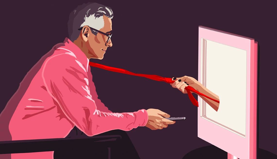 in the mood weekly column illustration of a man looking at a TV with a hand reaching out to his tie