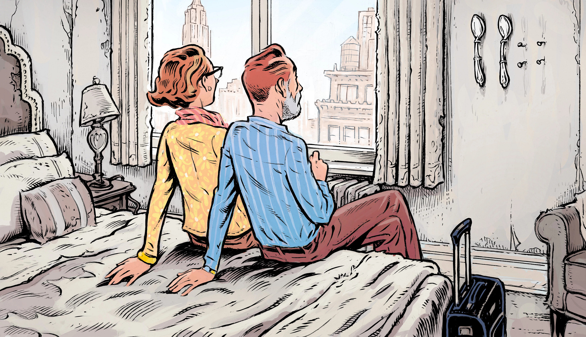 an illustration shows an older adult couple sitting on a bed at a historic new york hotel, staring at a spoon display on their hotel wall. The display is missing two spoons 