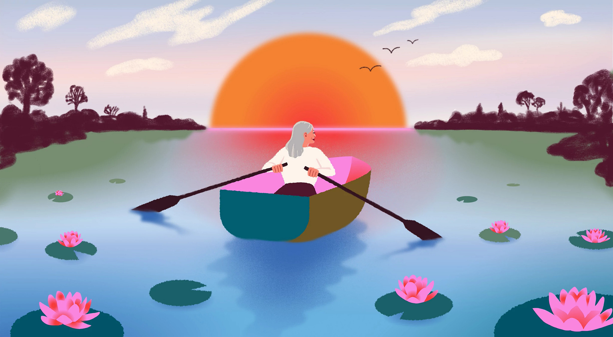 illustration of woman sailing on pond as the sun sets