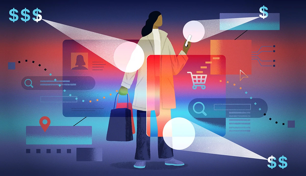 A shopper holding shopping bags surrounded by digital search icons, user profile data, and varying price tags.