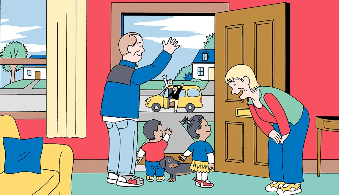 Guide to Watching Your Grandkids graphic of grandparents greeting their grandkids at the front door