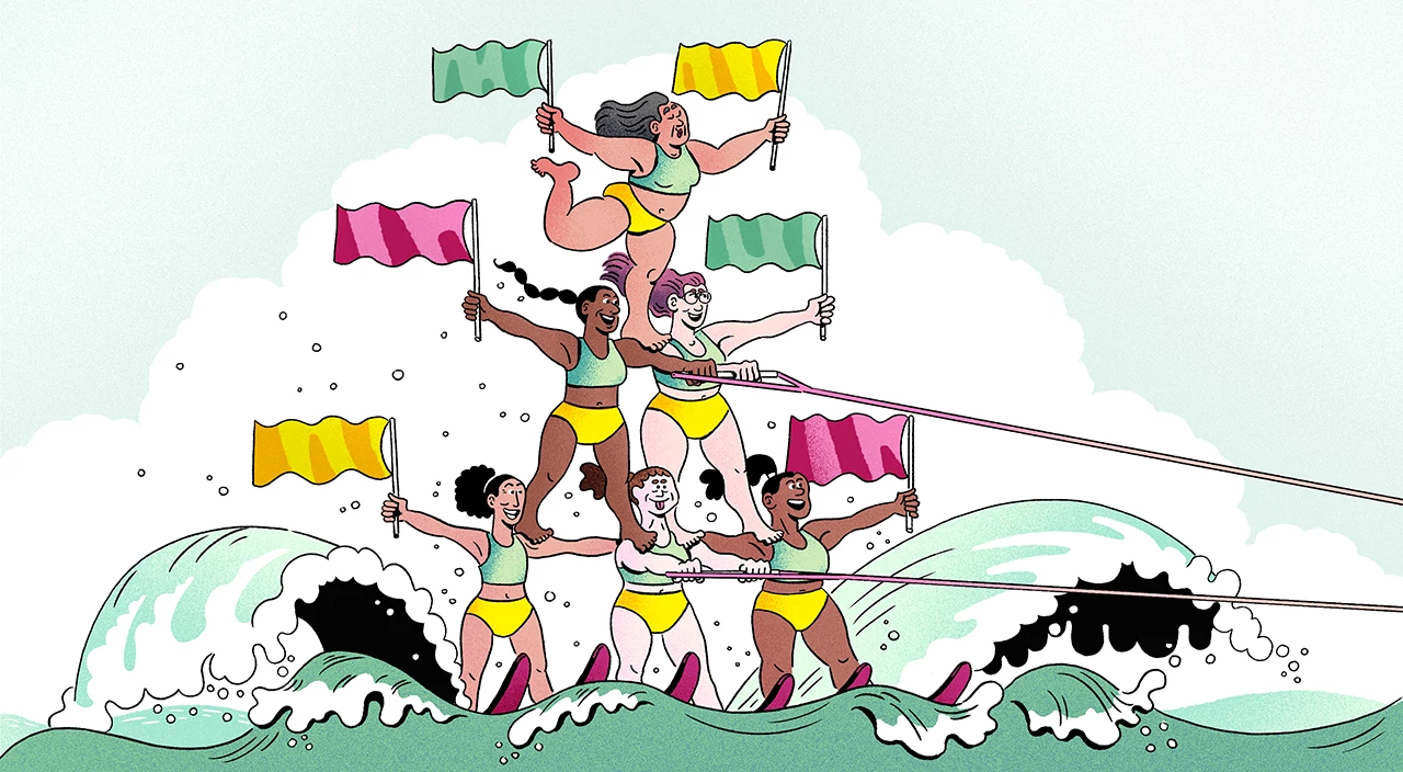illustration of middle-aged woman having fun water skiing on ocean