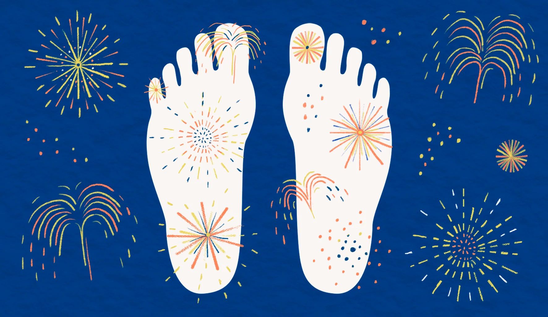 feet on a blue background with colorful confetti