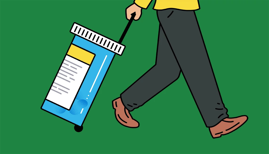 a person walking with a pill bottle as a suitcase