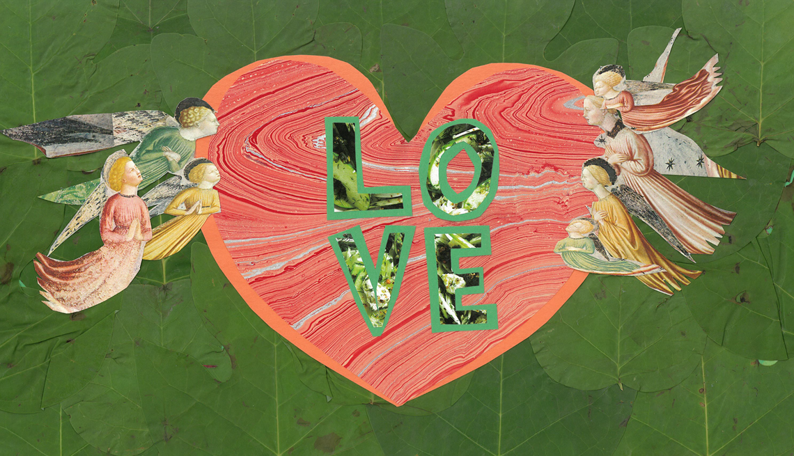 Manifesting My Birthday Wish a photo and graphic collage shows cutout images of angels staring at a heart with the word LOVE in the center, spread over two decks.