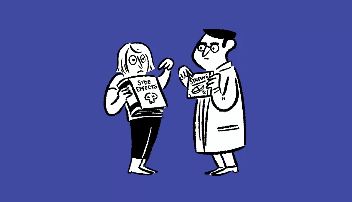 An illustration shows a patient holding a "Side Effects" book with a skull on the cover while a doctor points to a "Statins" pamphlet.