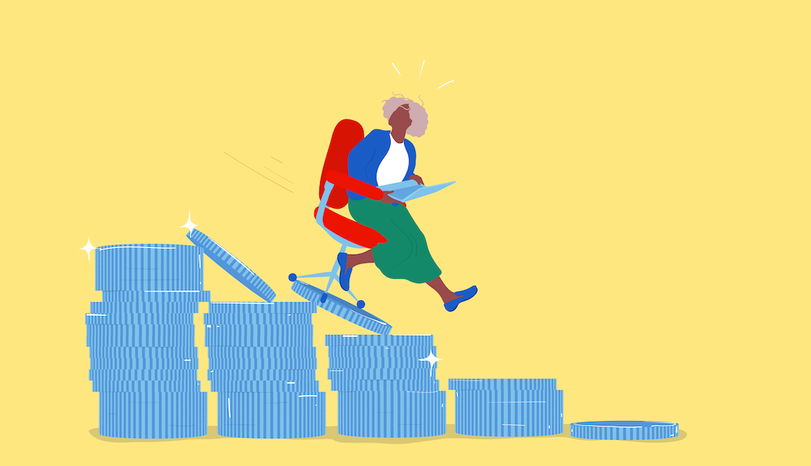 Cost of working and collecting Social Security woman in an office chair sliding down a slide of coins