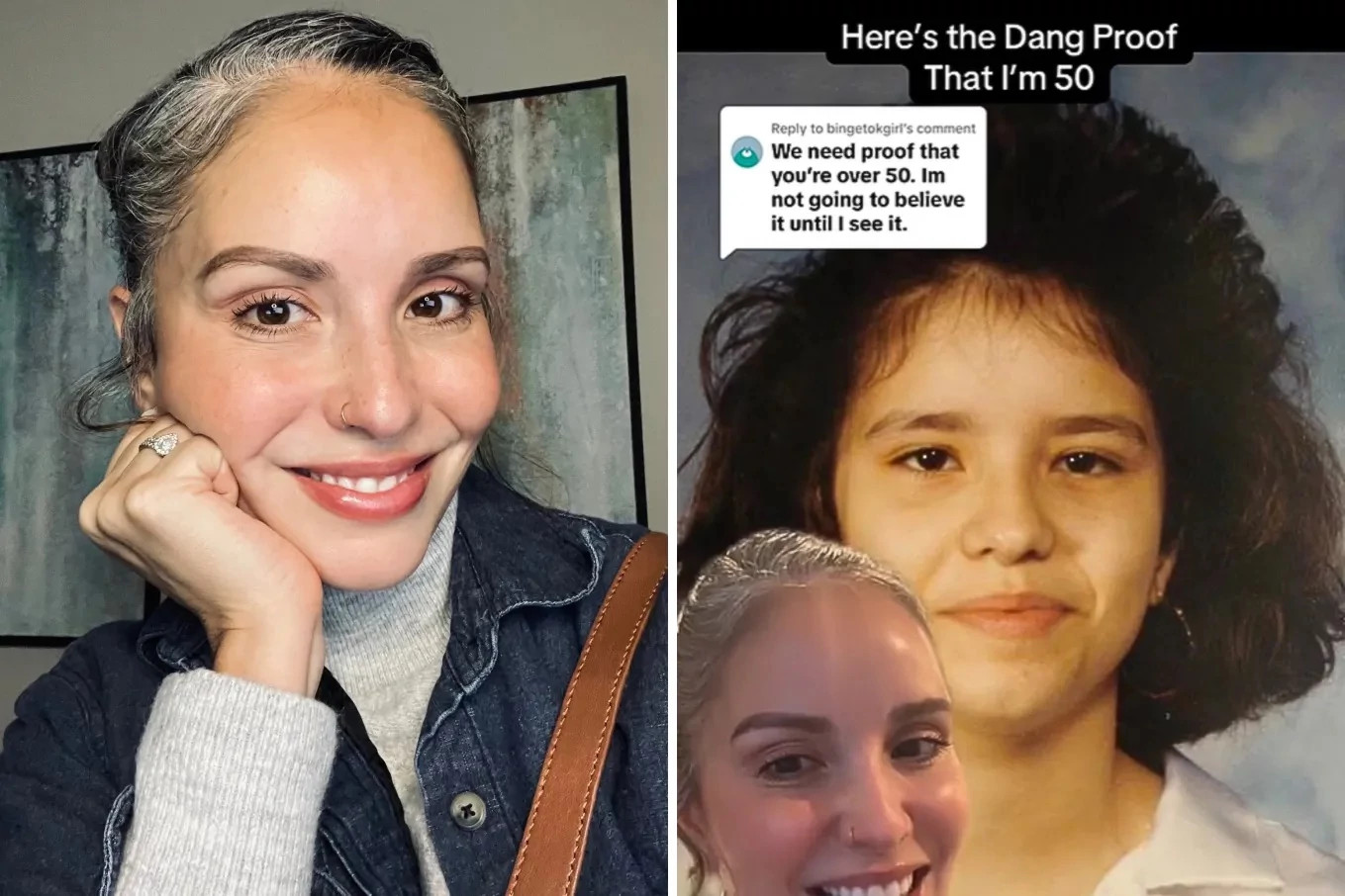 A photo and graphic collage shows Cecilia Moreno in a new photo and one of her younger self