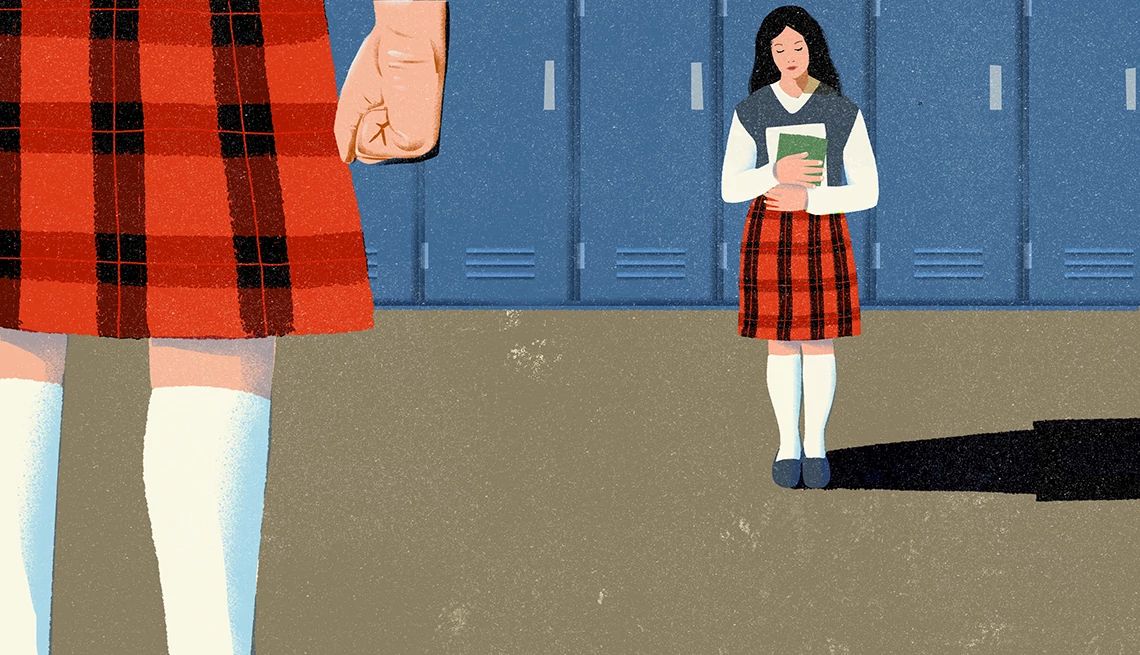 making friends with a high school bully decades later a girl in the foreground clenches her fist while a girl facing the viewer frowns