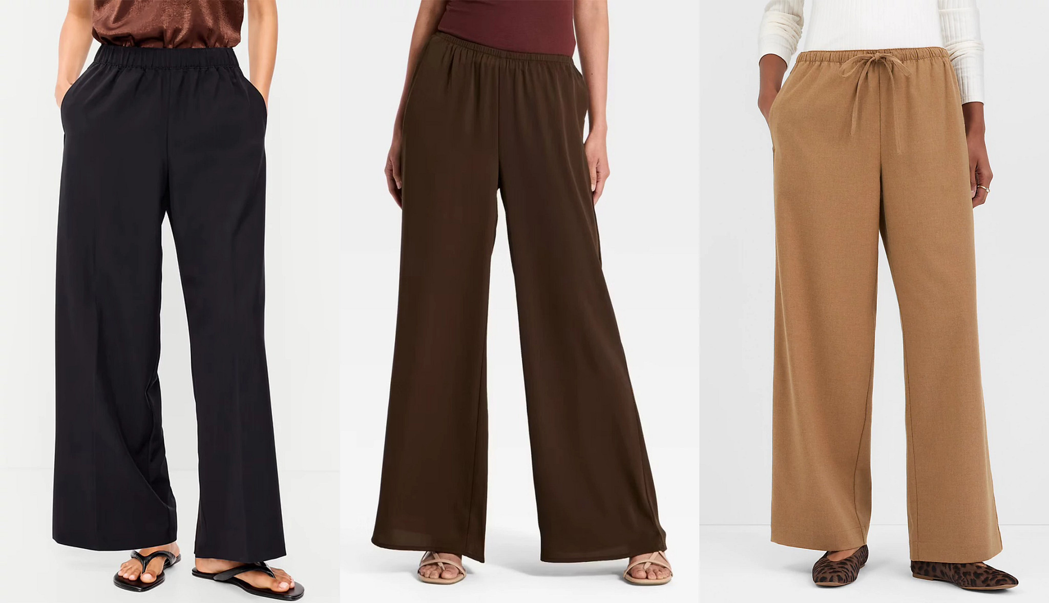 a collage with three different styles of womens casual elastice waist and drawstring pants
