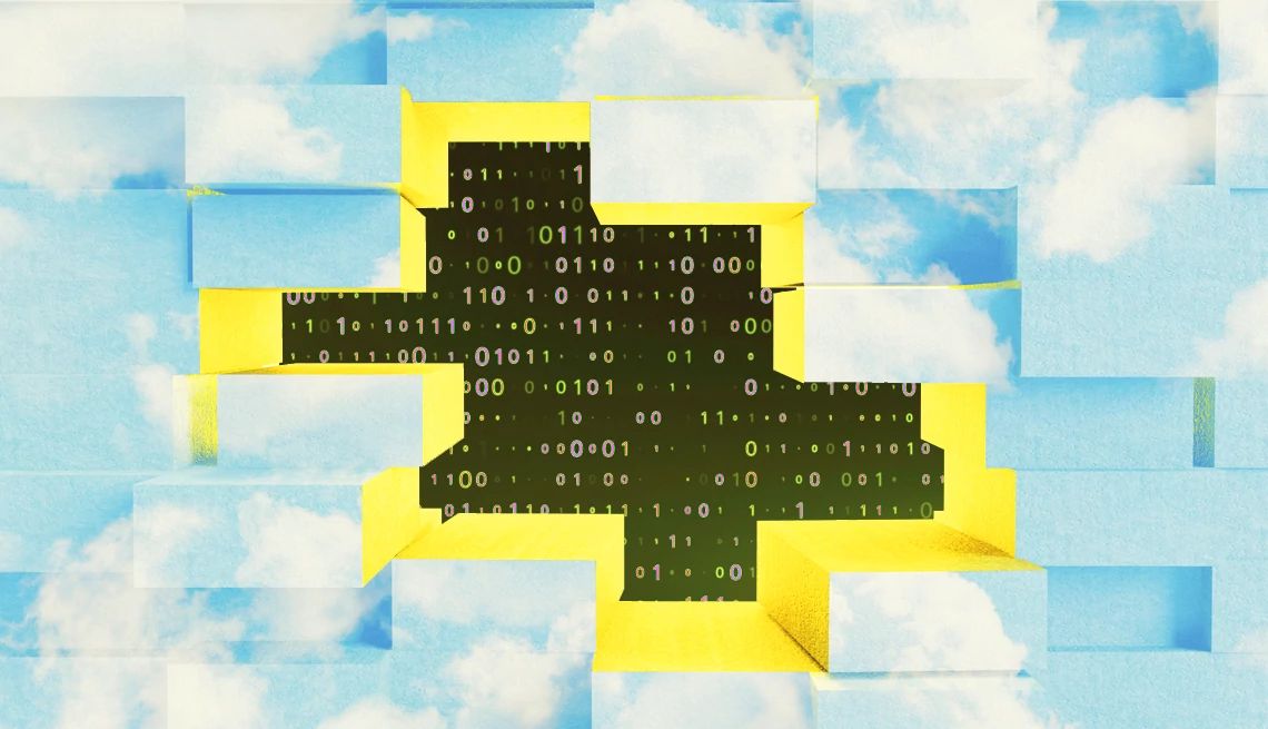 AT&T Data Breach Settlement an illustration shows a cloudy sky, broken into blocks, with a black in the center showing digitized 1s and 0s inside a yellow outline