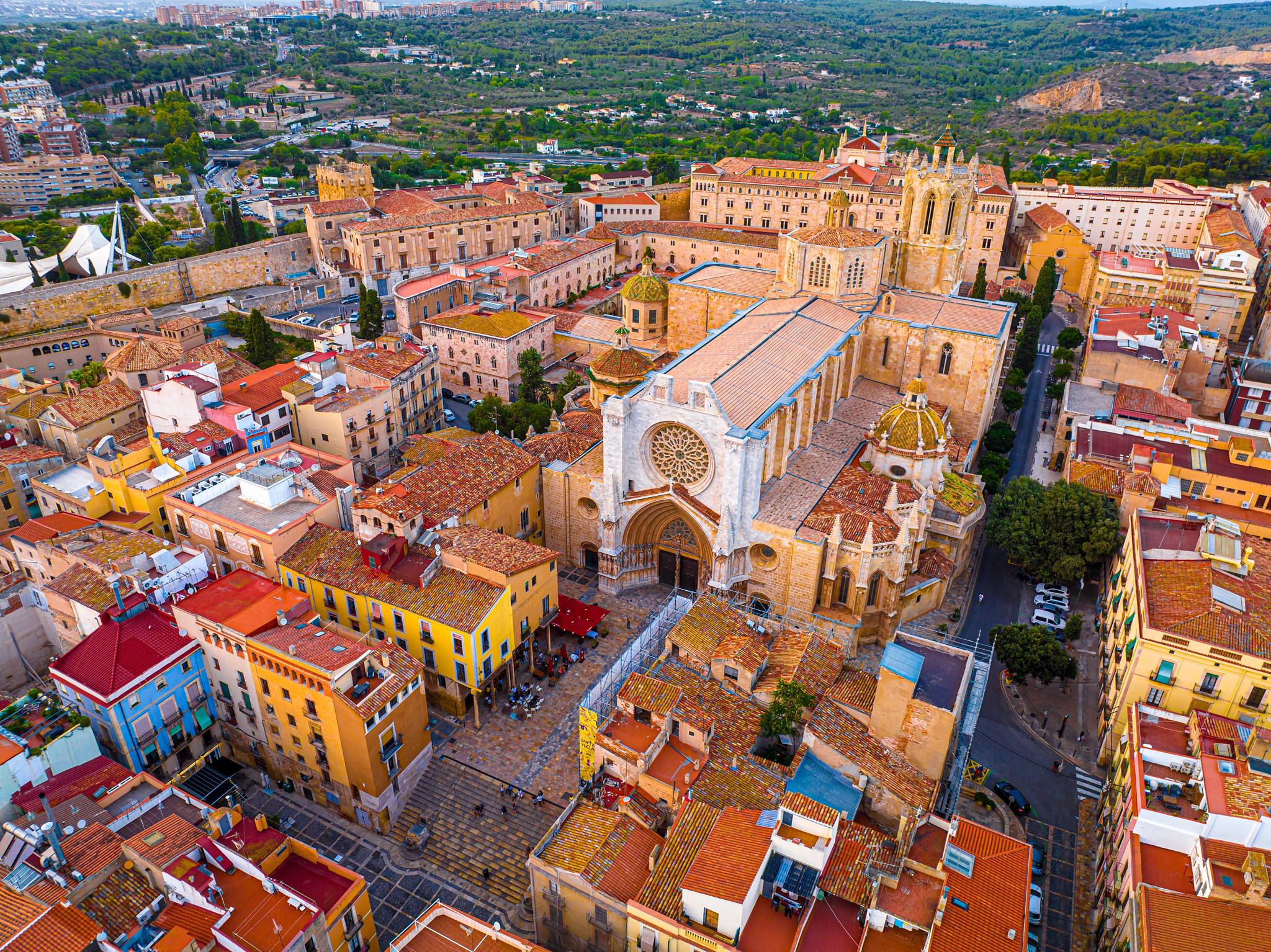 Aerial view of the Primatial Cathedral of Tarragona, a Roman Catholic church in Tarragona, Catalonia, Spain