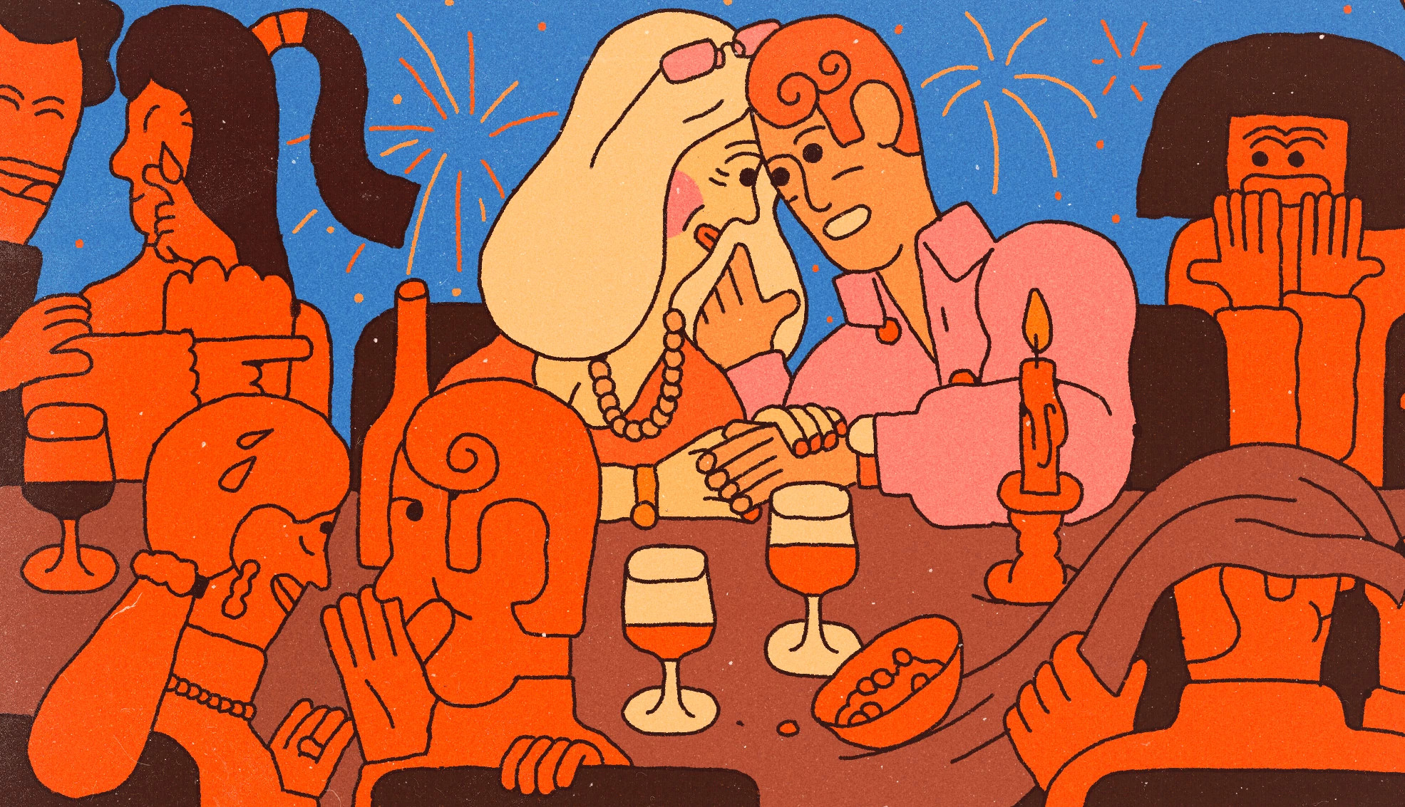 An illustration shows a couple spending a night out while other couples gossip about them