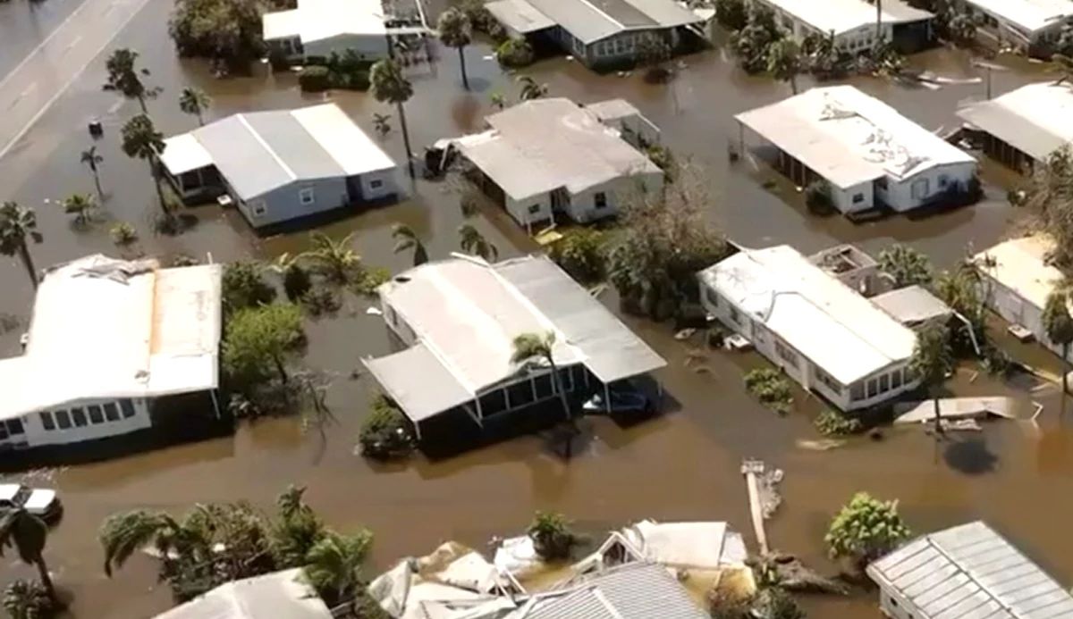 Overhead view of flooded mobile home park