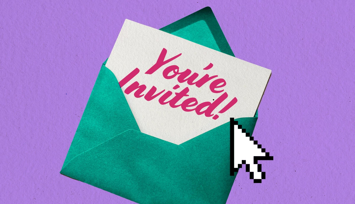A computer mouse icon clicks on a physical party invitation.