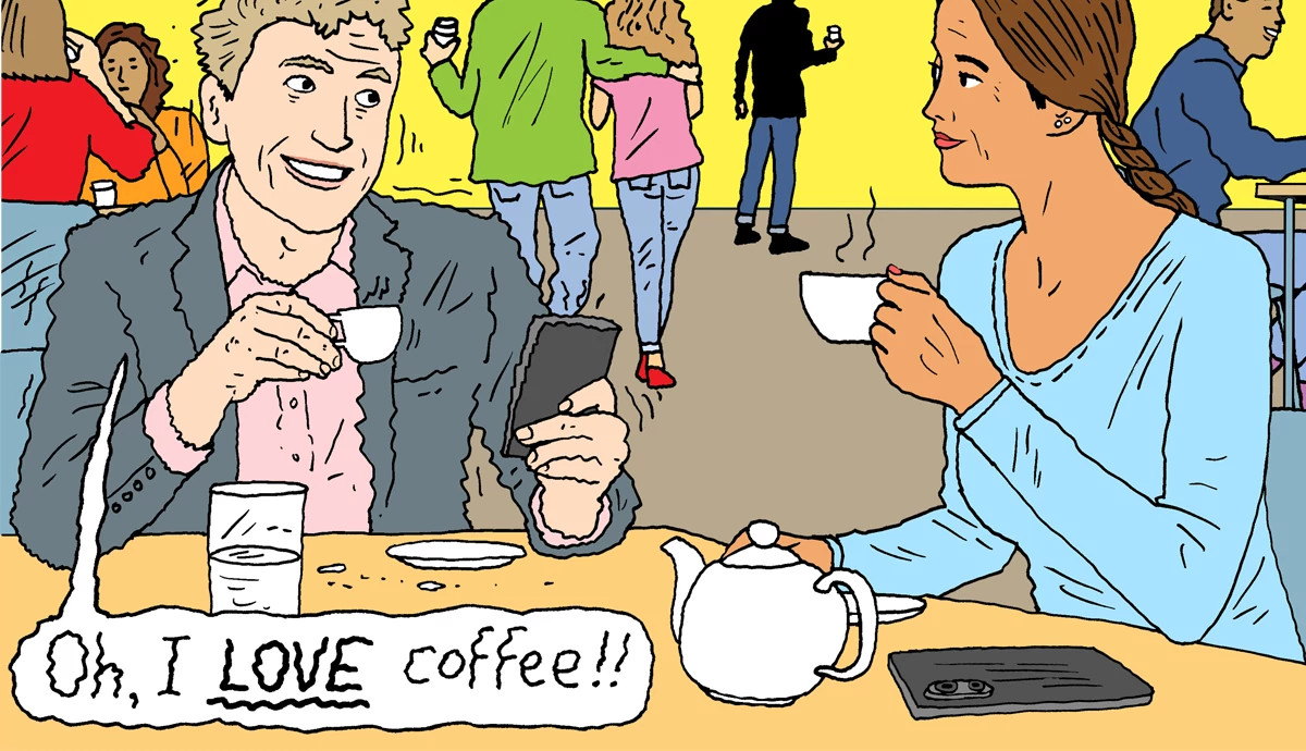 Cartoon of a couple in a café enjoying warm beverages and discussing their love for coffee.