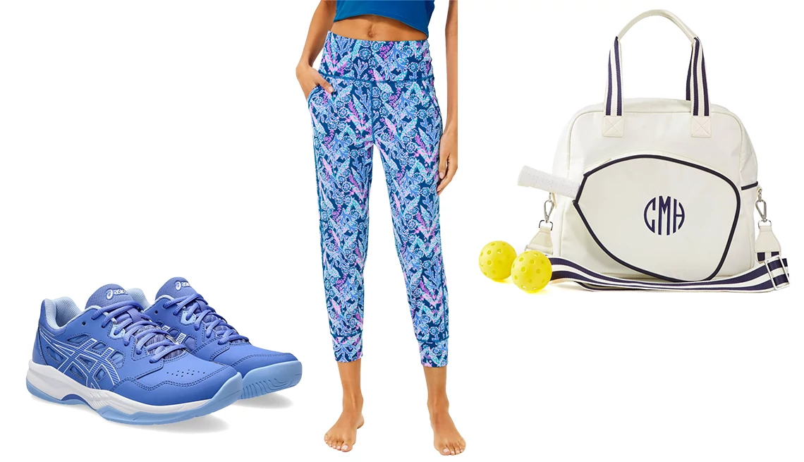 Pickleball sportswear ASICS Gel-Renma in Sapphire/Light Sapphire; Lilly Pulitzer UPF 50+ Luxletic Island High Rise Crop Jogger in Barton Blue Star Gazing; Mark & Graham Sporty Stripe Pickleball Bag in White-Navy