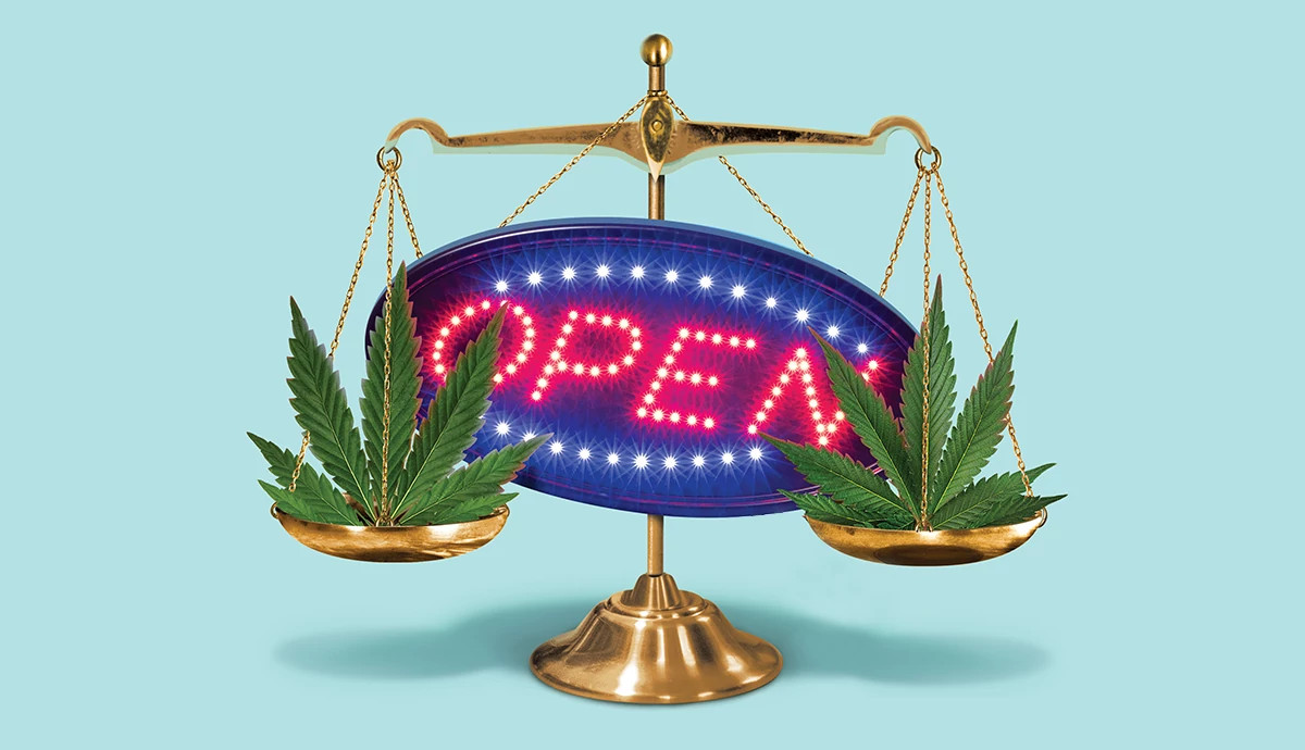 illustration of a gold scale of justice balanced against a light blue background. A green cannabis leaf sits in each of the two gold pans, and a glowing red and blue neon sign that reads "OPEN" hangs from the center of the scale's crossbar