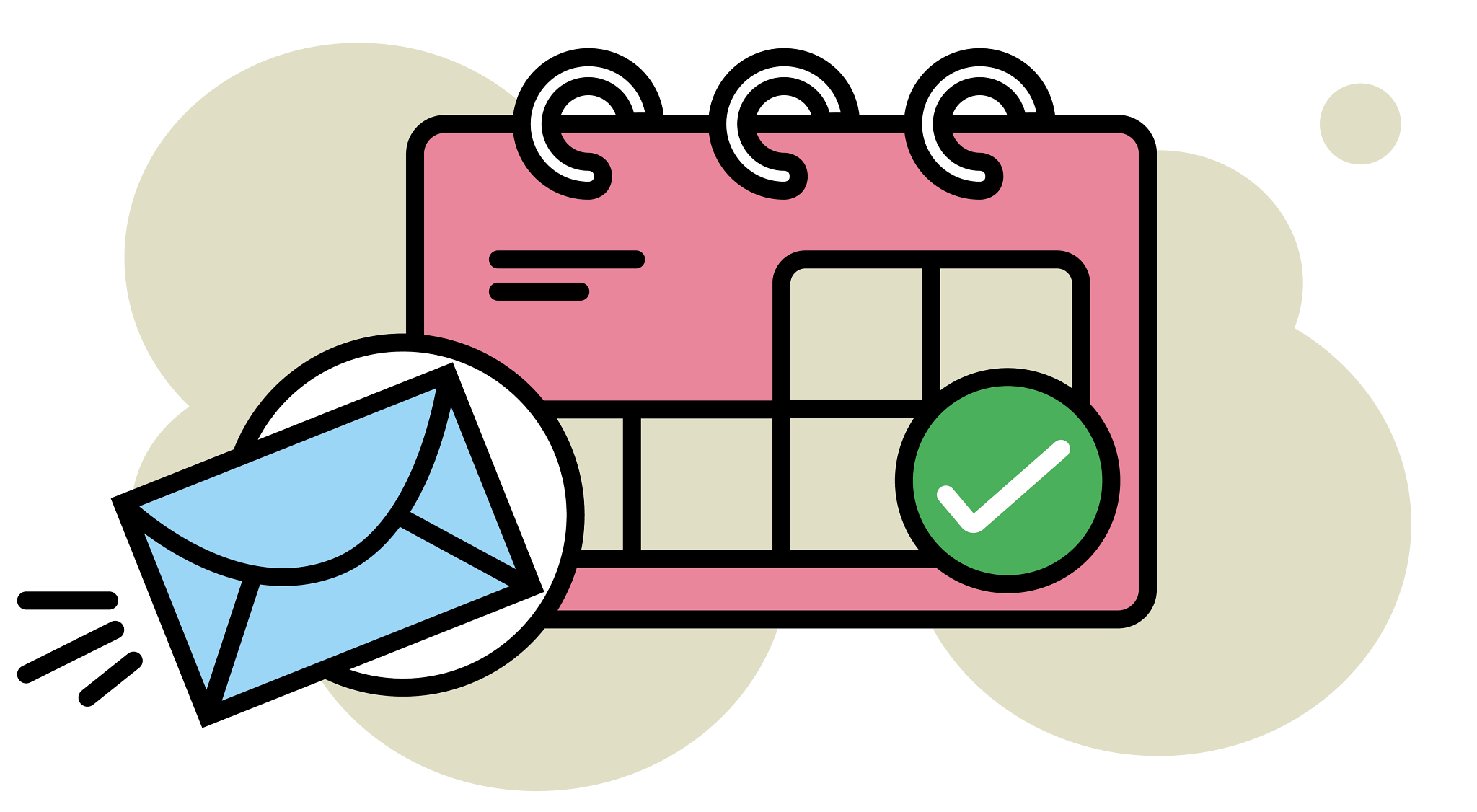 Icon showing a pink flip-style calendar with a green checkmark and a blue envelope on a beige abstract background.
