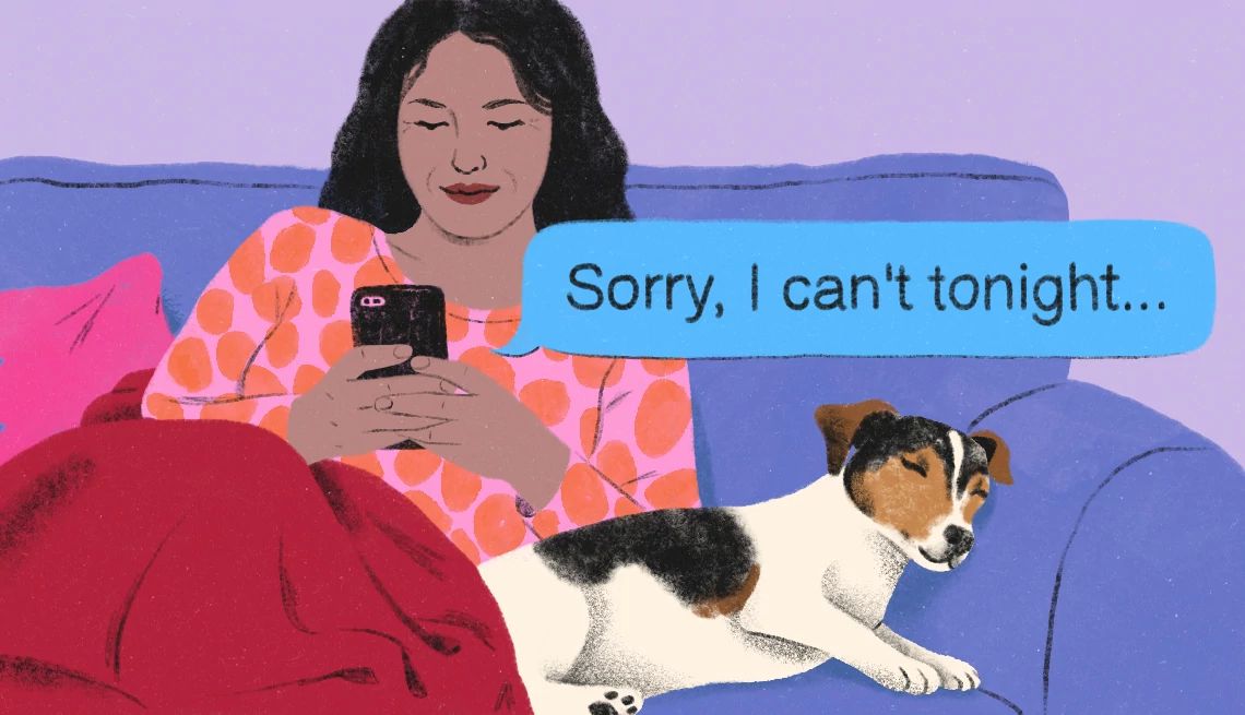 Queen of Canceled Plans An illustration shows a woman relaxing on her couch with her dog and a blanket, casually canceling plans on her smartphone.