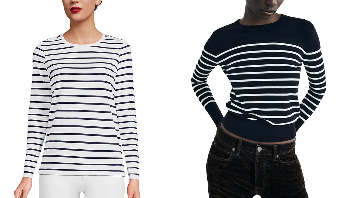 Lands’ End Women’s Relaxed Supima Cotton T-Shirt in Navy/White Breton Stripe; Zara Basic Knit Sweater in Striped