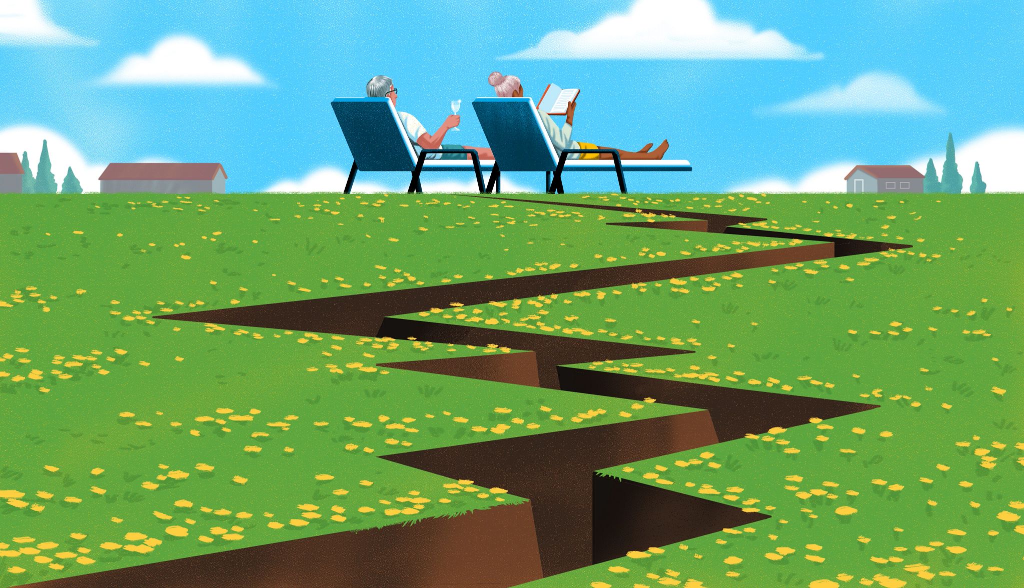 Avoid Retirement Fails a crack in the ground extends toward two older adults sitting on lounge chairs