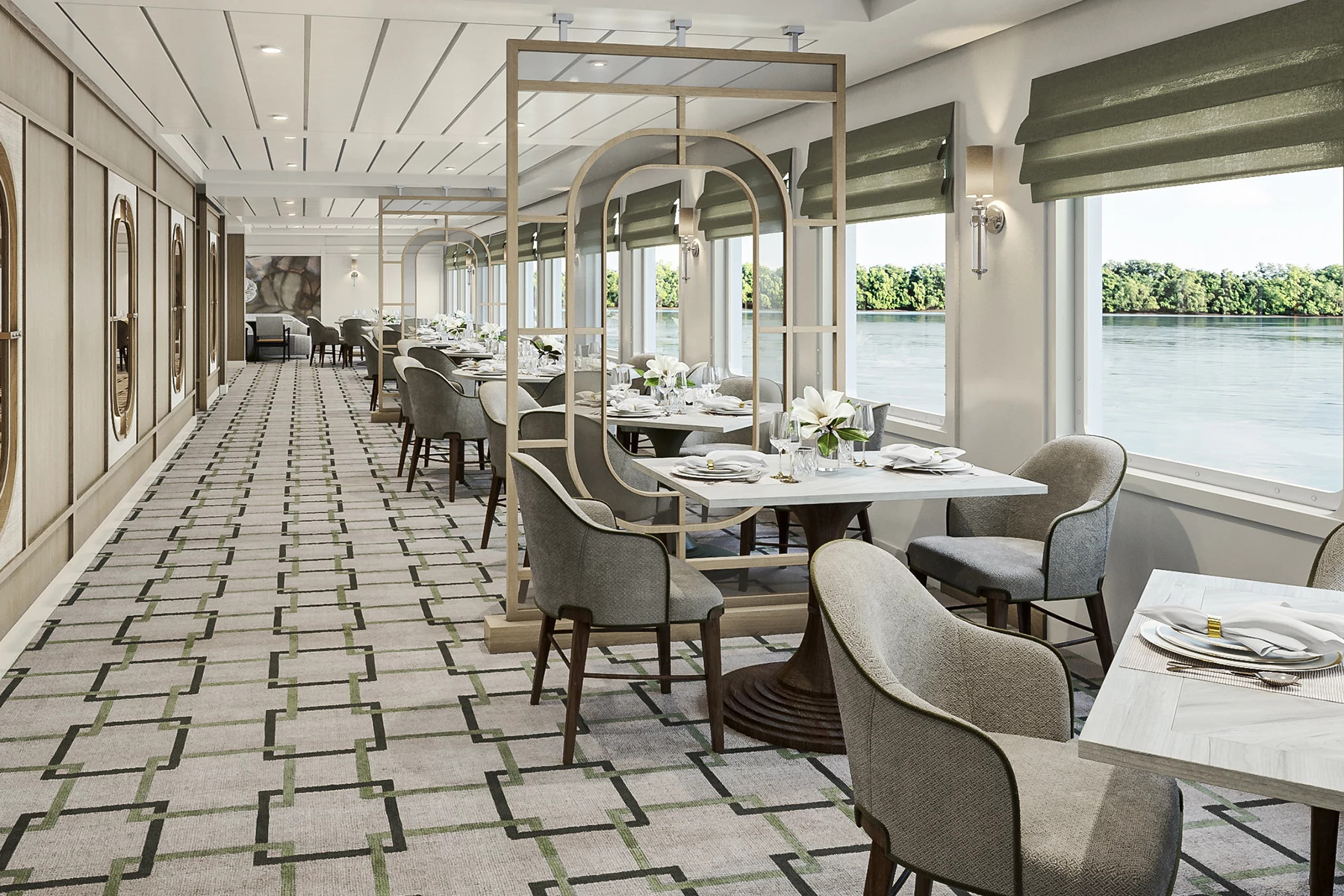 a dining area in a luxury cruise ship
