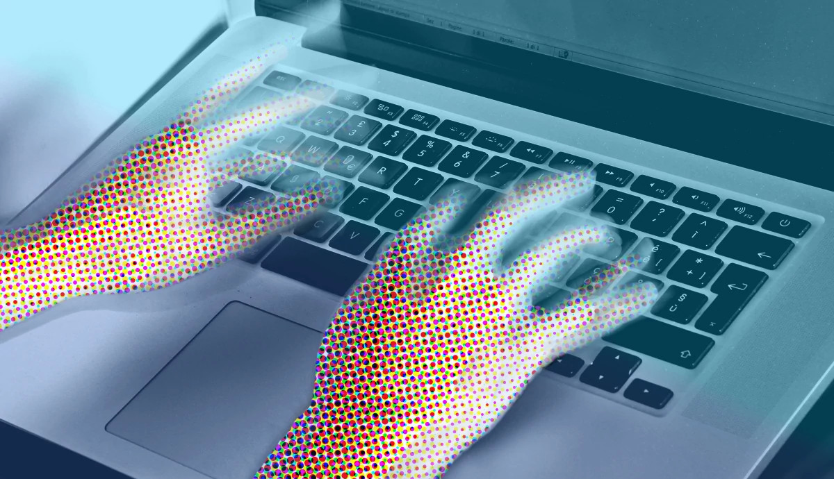 An illustration of digitized hands typing on a laptop