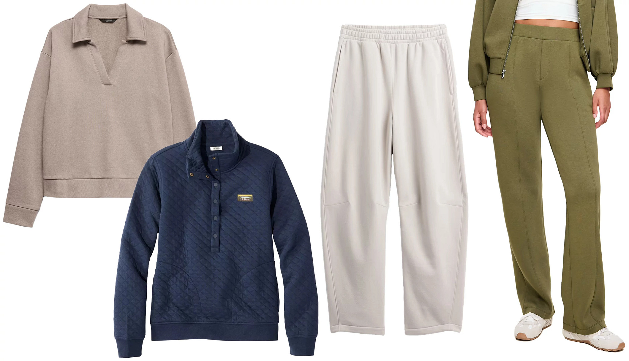 A collage with jogger style pants and pullover tops for fall.