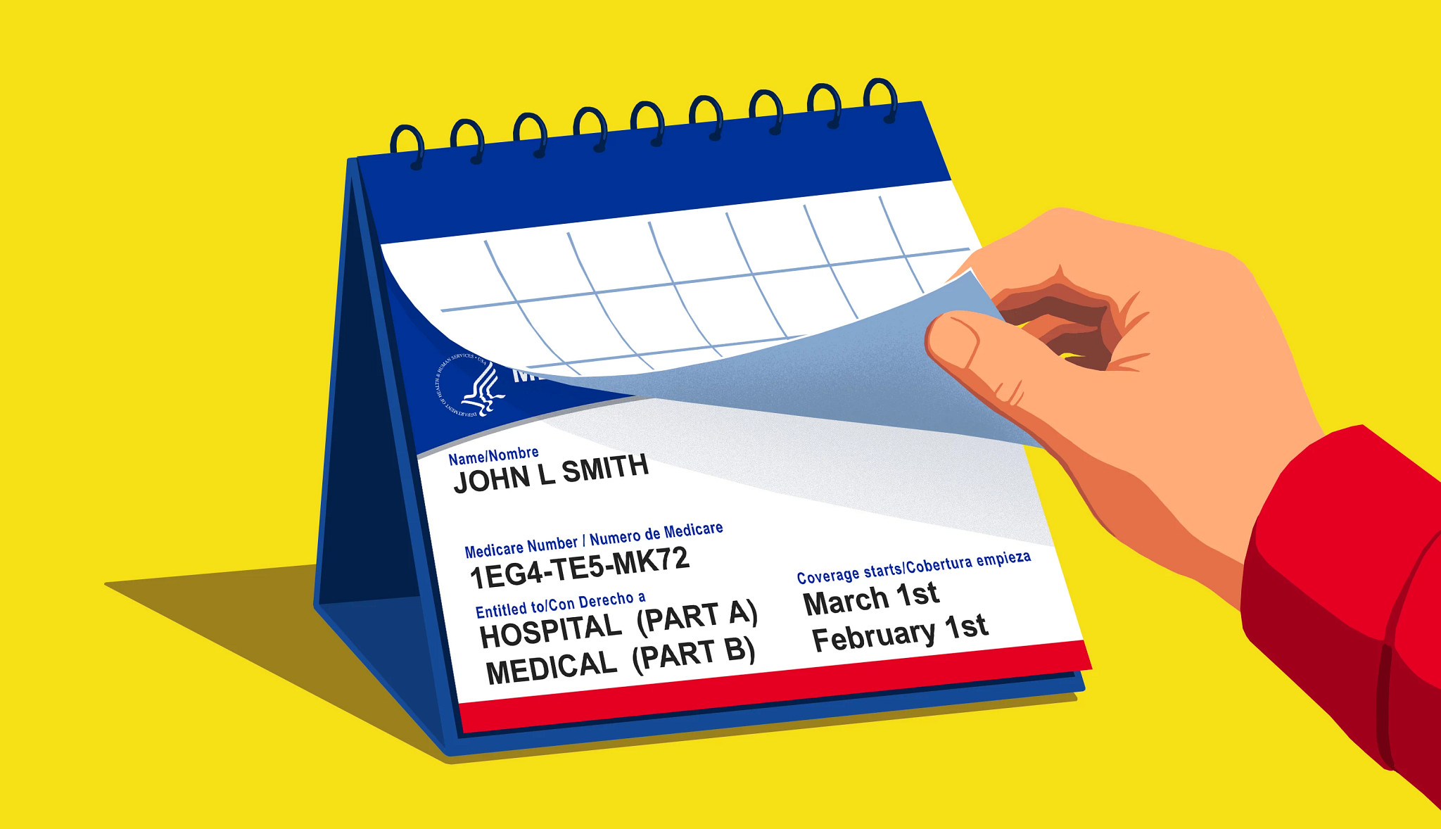 Illustration of a hand flipping the page of a desk calendar that resembles a red, white and blue Medicare card.
