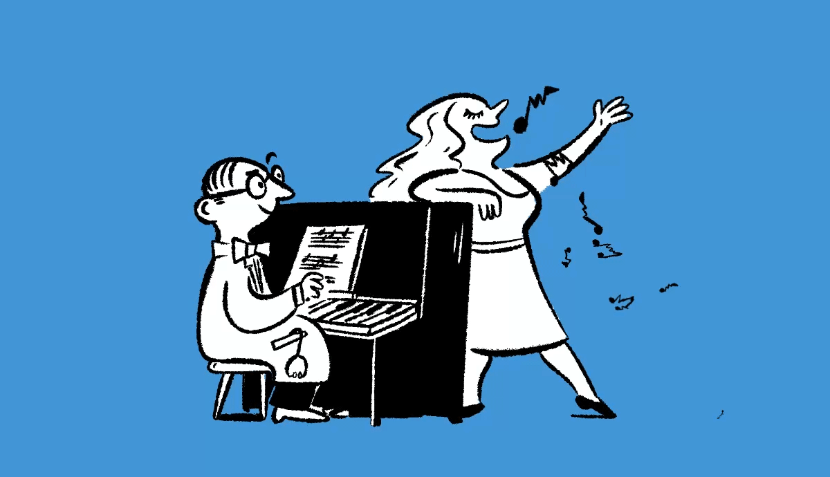 An illustration on a blue background shows an older woman singing with her arm raised in a performance gesture while a doctor sits at a piano, playing along and smiling as he looks over at her.