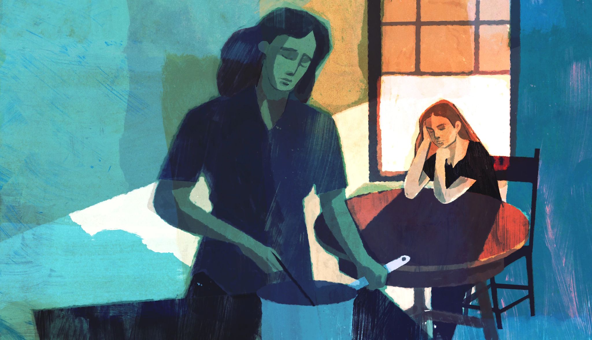 ‘The Longest Ride’ Chapters 25-27 Illustration of Linda stirring something in a pot on a stove and Sophia sitting at a nearby table in front of a window; they both look sad and anxious