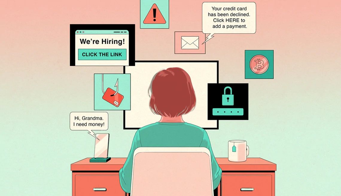 Ilustración muestra una mujer sentada en su escritorio ante una computadora, rodeada de mensajes e imágenes que señalan fraude.