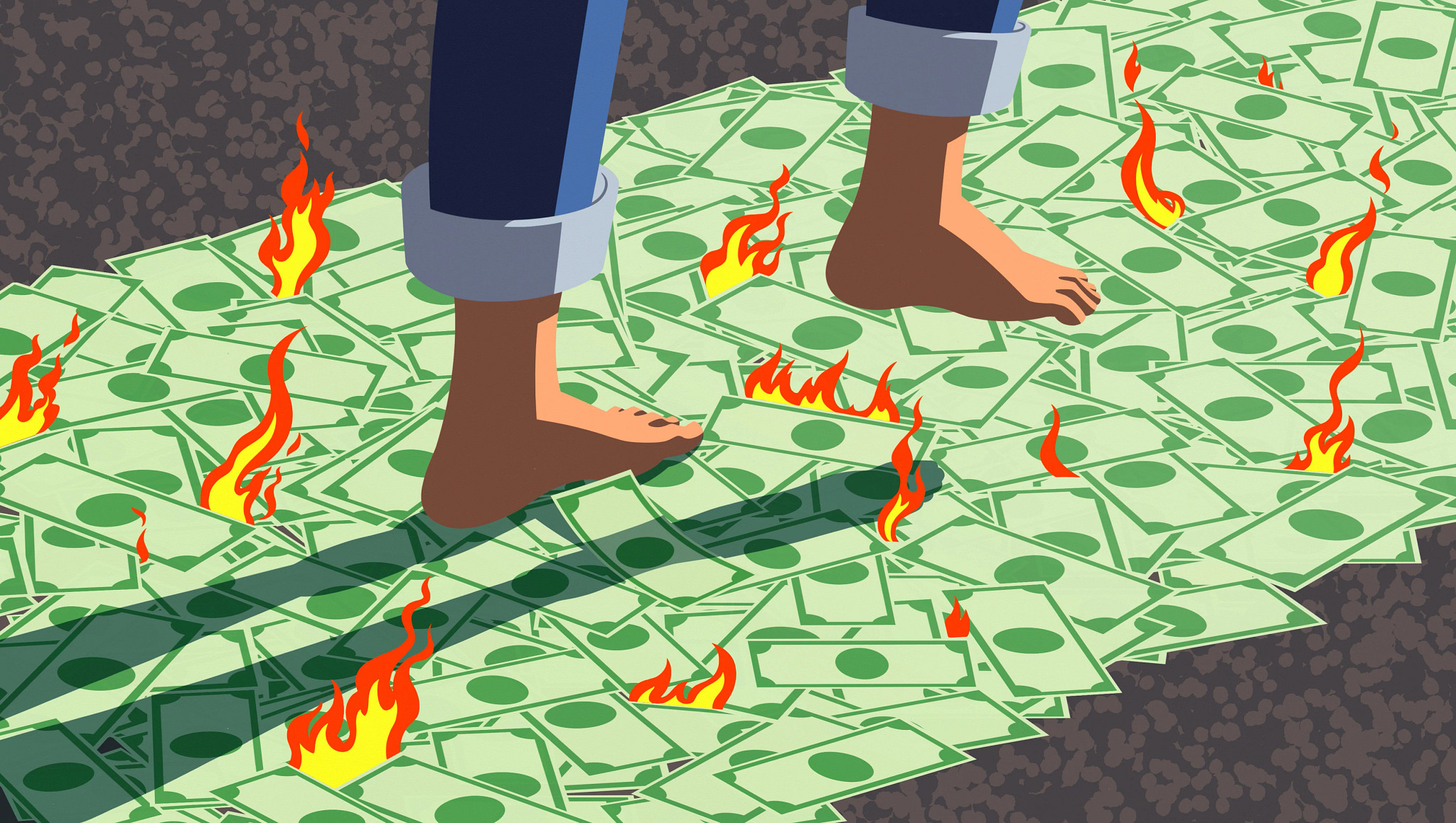 a barefoot person walks across dollar bills on fire