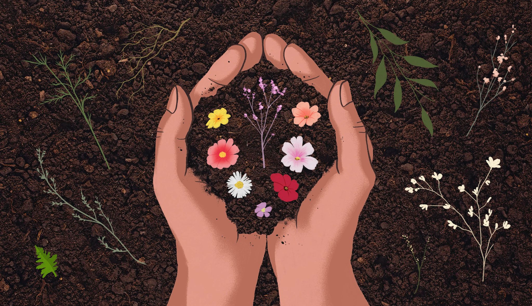 Human composting and green funerals a hand holds a pile of dirt with flowers on top