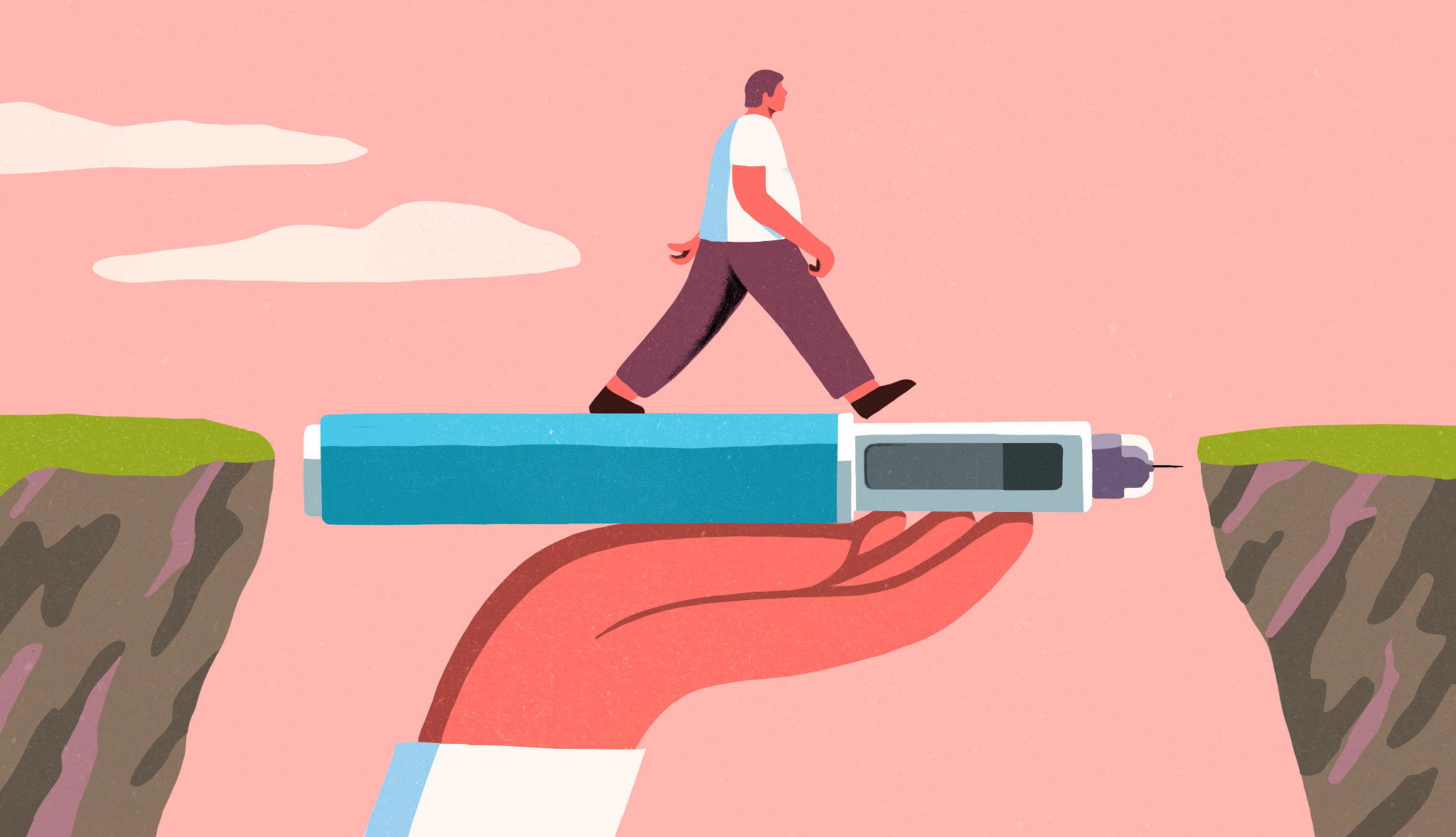 Illustration of a person walking across a giant injection pen held by a hand to bridge a gap between two cliffs.