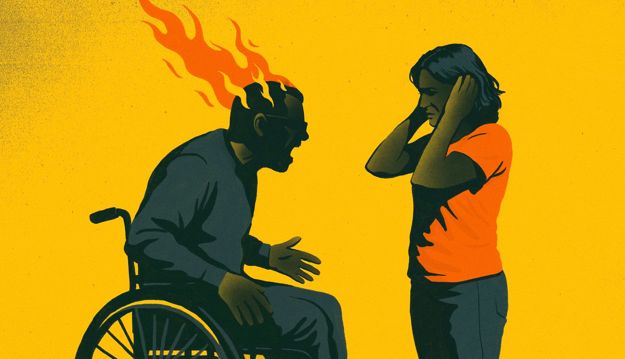Cómo manejar la ira en el cuidado familiar Ilustración de un cuidador manejando la ira y gritos de una persona bajo su cuidado