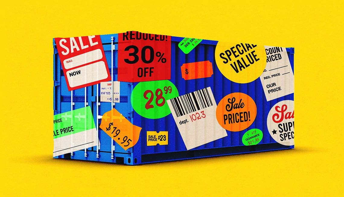 10 maneras de conseguir buenos precios a pesar de los aranceles contenedor grande cubierto en stickers de ofertas
